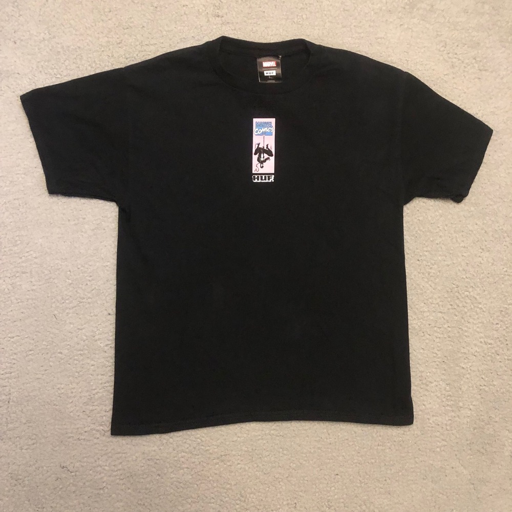 HUF Marvel Comics Spider-Man Black Suit Vtg Style Graphic Tee Block Logo Large